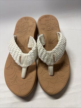 Roxy White Braided Thong Sandals with Tan Footbed